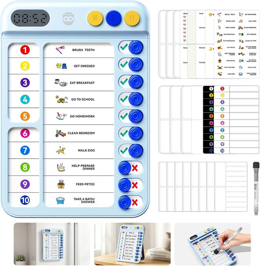 Chore Chart for Kids with Visual Timer, ADHD Tools Visual Schedule Planning Board with Slider, 20 Personalizable Cards and Magnetic Marker, Morning/Bedtime/Daily Routine Chart Checklist - Blue