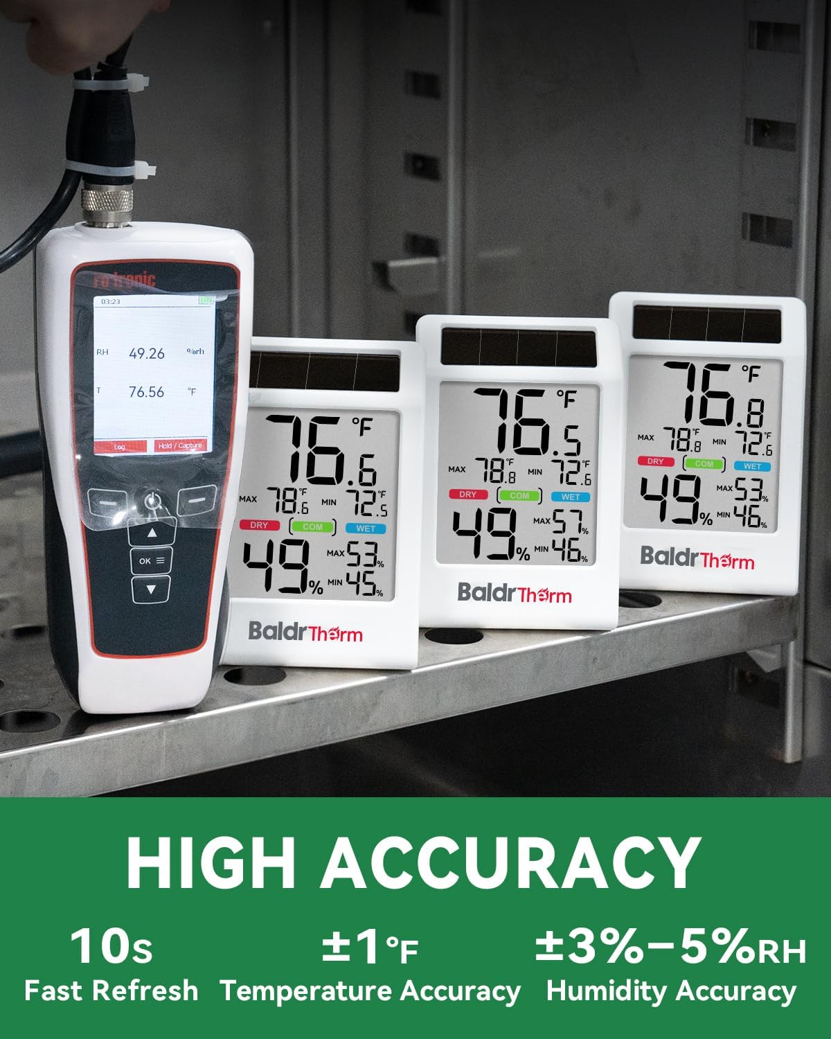 BALDR Solar Indoor Thermometer Hygrometer, Max/Min, Comfort Meter (White) | Solar & Battery Dual Power |No Setup or App Required |Clear Comfort Level Indicator |Flexible Desk or Wall Placement