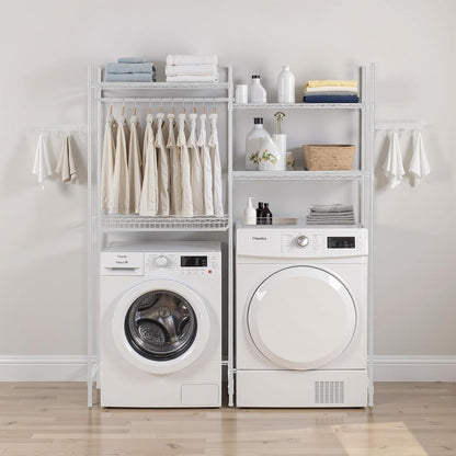 VEVOR Over The Washer and Dryer Storage Shelf, 3 Tier Laundry Room Drying Rack with Hanger Rod and Hooks, Adjustable Over Washer and Dryer Shelves, Laundry Room Shelf Storage Space Saver, White