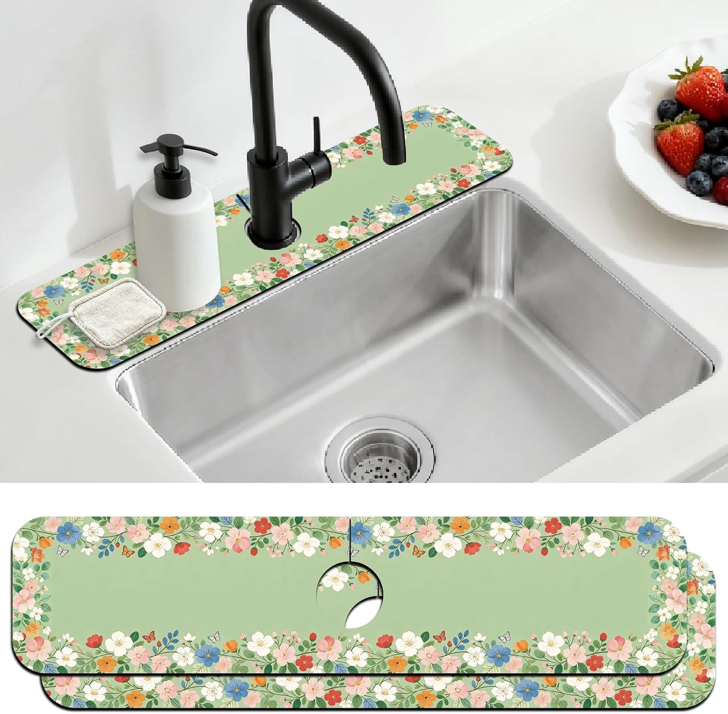 2 Pcs Kitchen Sink Splash Guard Faucet Mat Wood Grain Pattern Faucet Mat for Sinks Natural Wood Color Absorbing Drying Mats for Kitchen Bathroom, 23.6x5.5inch