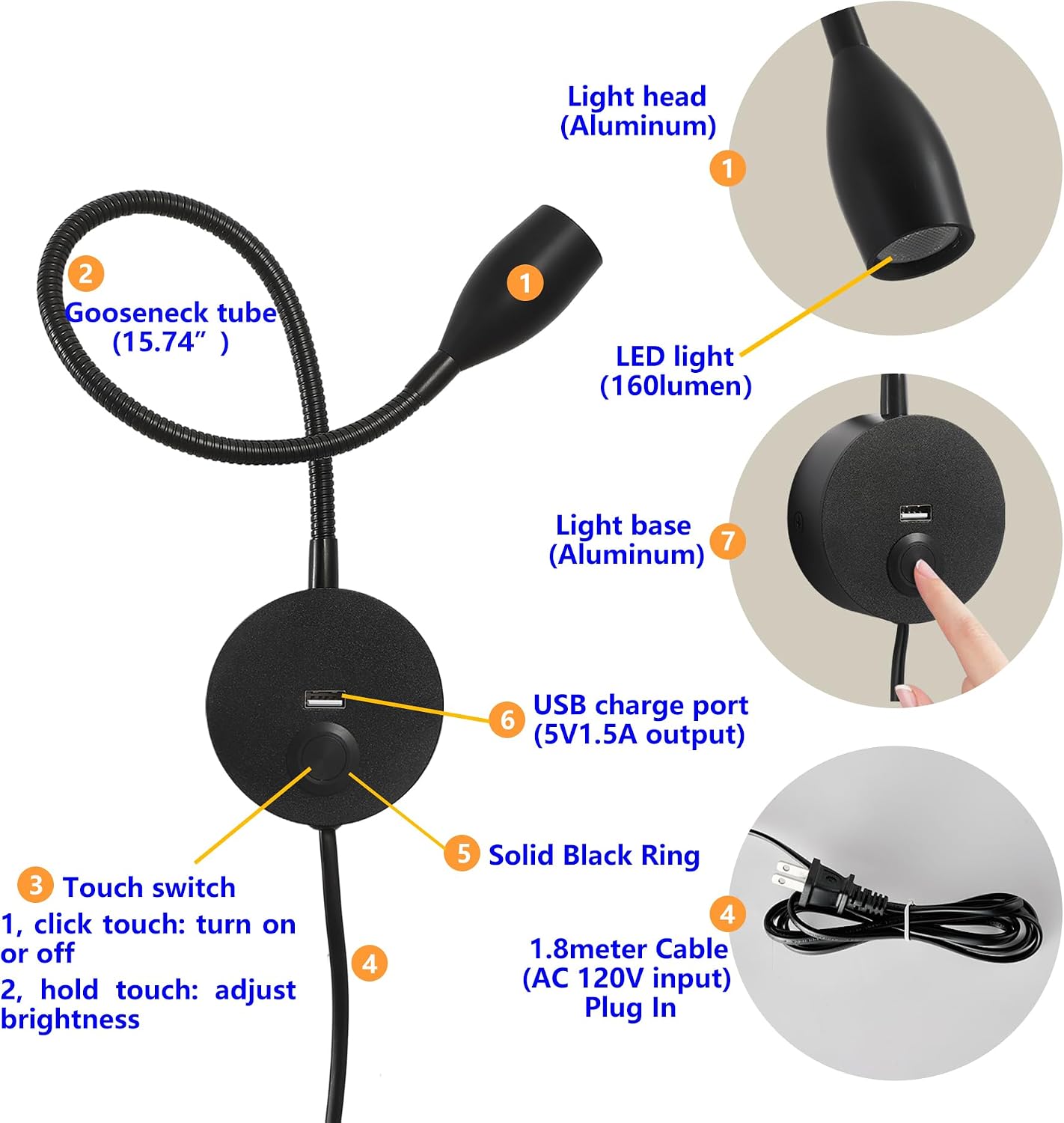 LED Wall Reading Light with USB Charging Port, Touch Dimmable Switch Gooseneck Bedside Lamp, Flexible Arm, 3W (Black, 120V Plug in, Warm White)