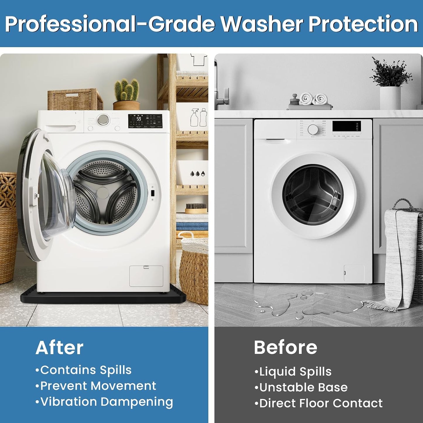 Large Thickened Washing Machine Mat 30" x 28" Silicone Black | Under Washer and Dryer Drain Pan Drip Tray Floor Protector Non-Slip Flexible Soft Mat Waterproof Raised Edge 0.98''