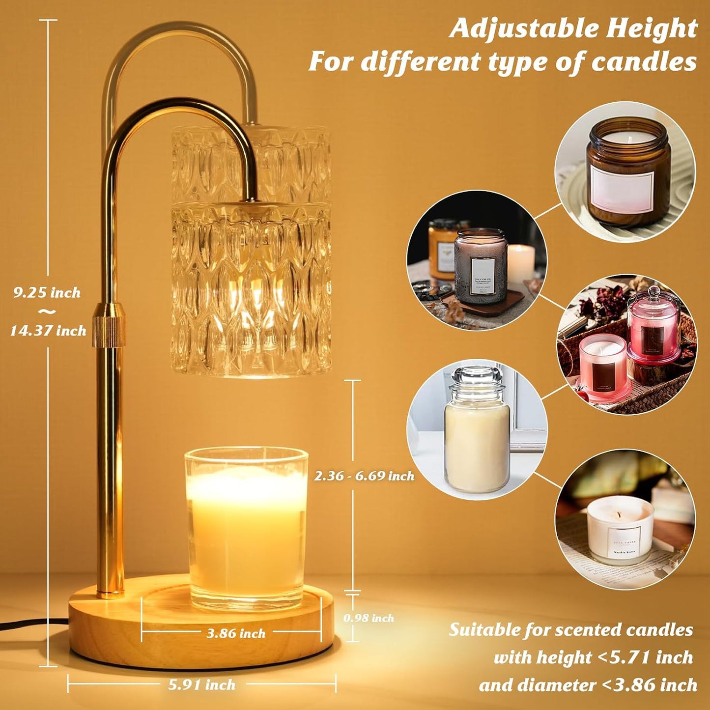 HAIDOLIANG Blue Candle Warmer Lamp with Timer and Dimmer | Height and Brightness Adjustable,Glass Electric Wax Warmer with 2 Bulbs for Women Gifts, Home Decor for Scented Jar Candles