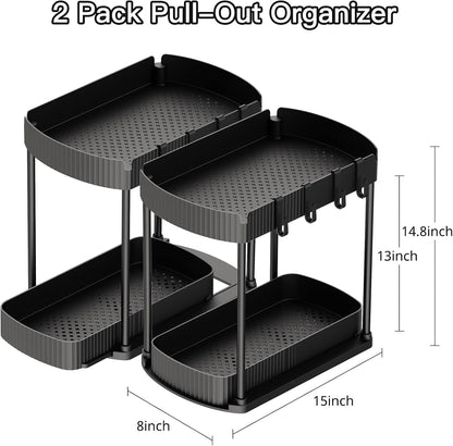 2 Packs Under Sink Pull-Out Storage Organizers, 12.8 Inches, Black | Multi-Purpose Cabinet Organizers and Storage for Bathroom & Kitchen