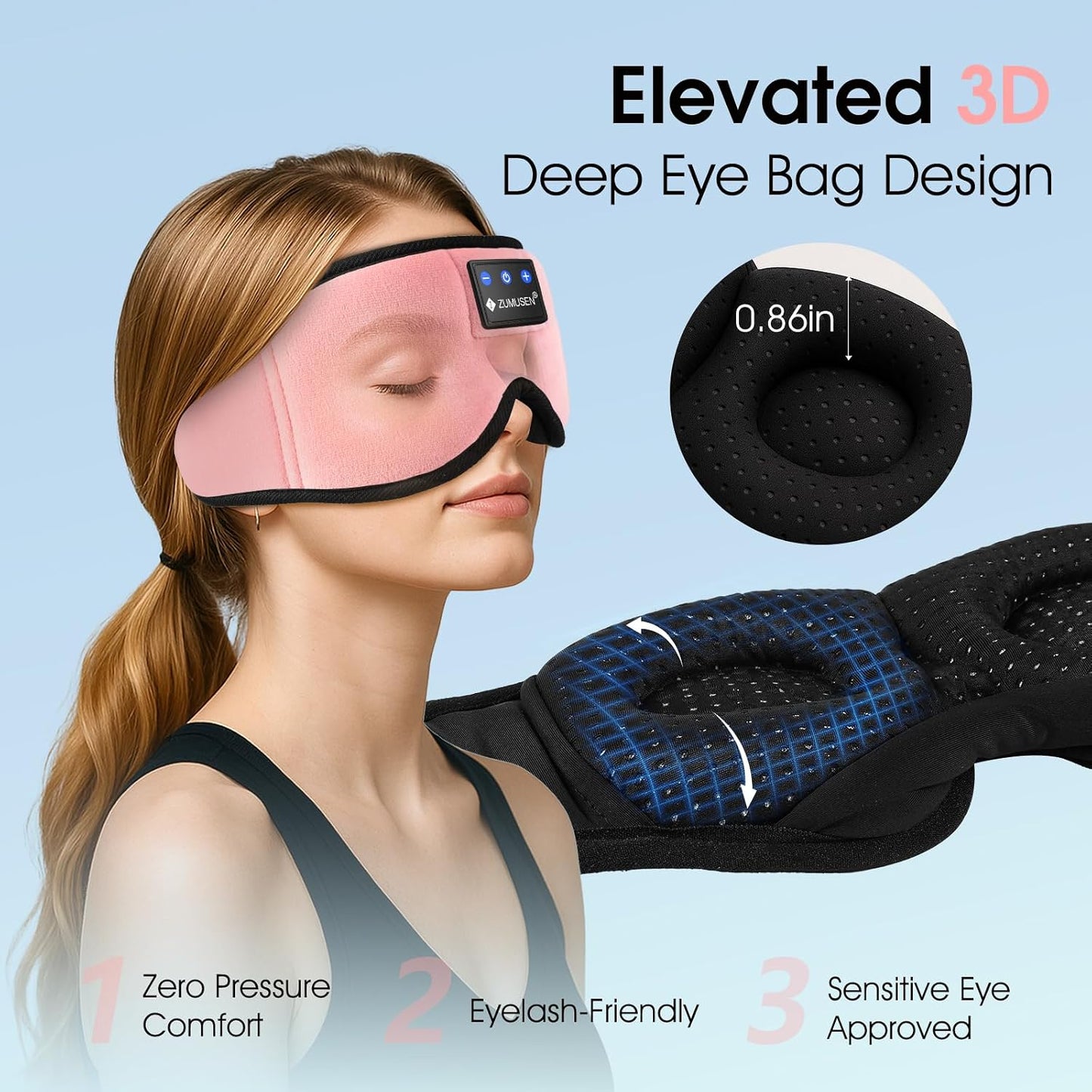 ZUMUSEN Bluetooth Sleep Headphones Mask with 3D Stereo Speakers | Wireless Ultra-Thin Music Eye Cover for Side Sleepers, Adjustable Strap for Travel, Meditation, Yoga, Naps, and Relaxation