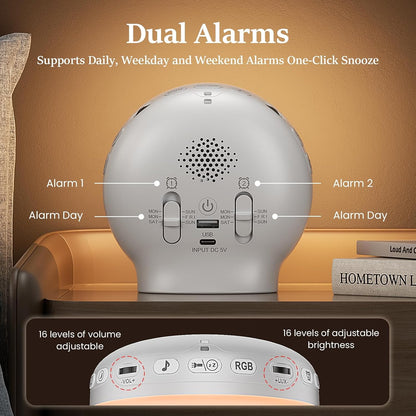 Wake Up Light Sunrise Alarm Clock for Bedrooms, Rechargeable Sound Machine Night Light, 28 Sleep Sounds, 12 Colors, Dual Alarms, White Noise Sound Machine for Baby and Adults