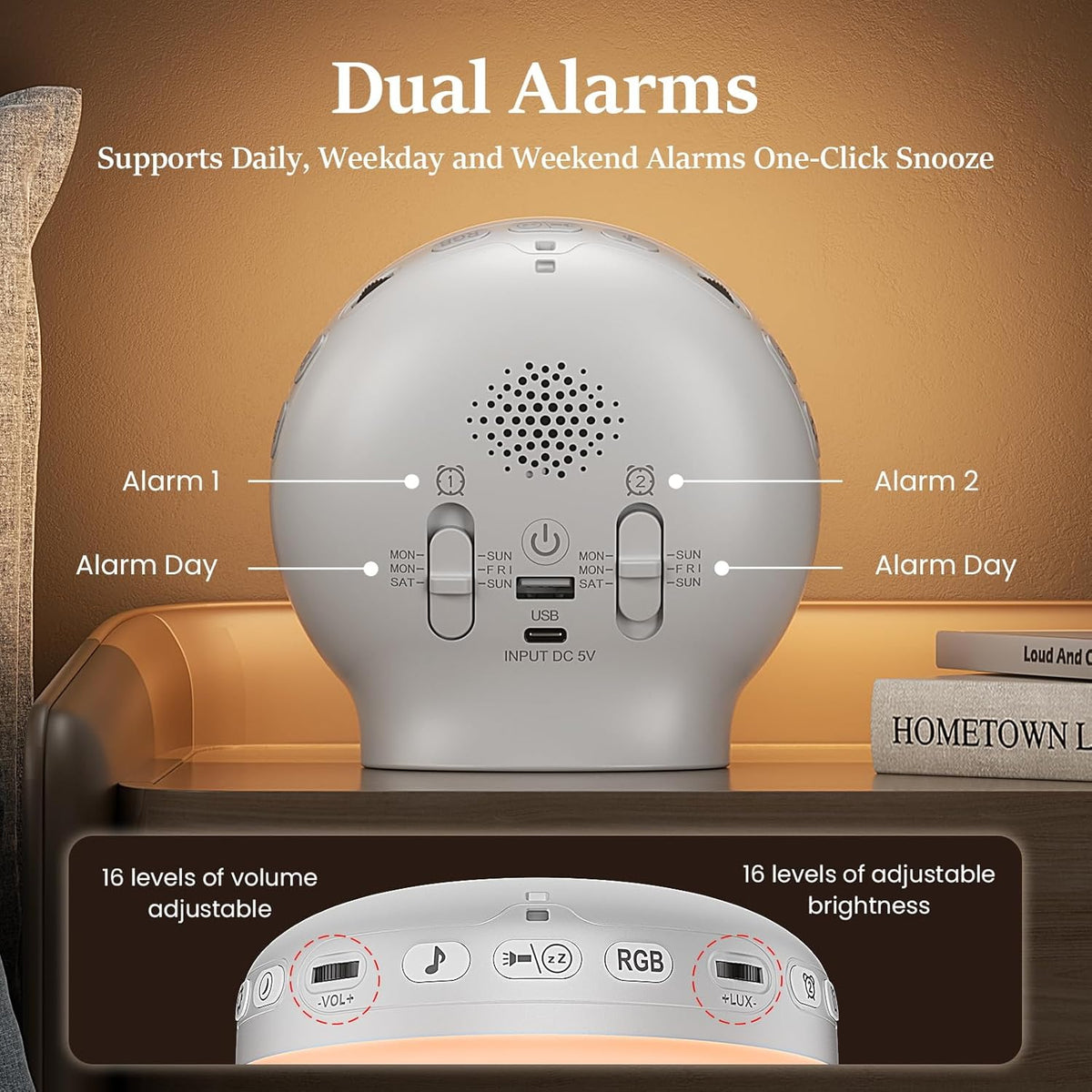 Wake Up Light Sunrise Alarm Clock for Bedrooms, Rechargeable Sound Machine Night Light, 28 Sleep Sounds, 12 Colors, Dual Alarms, White Noise Sound Machine for Baby and Adults