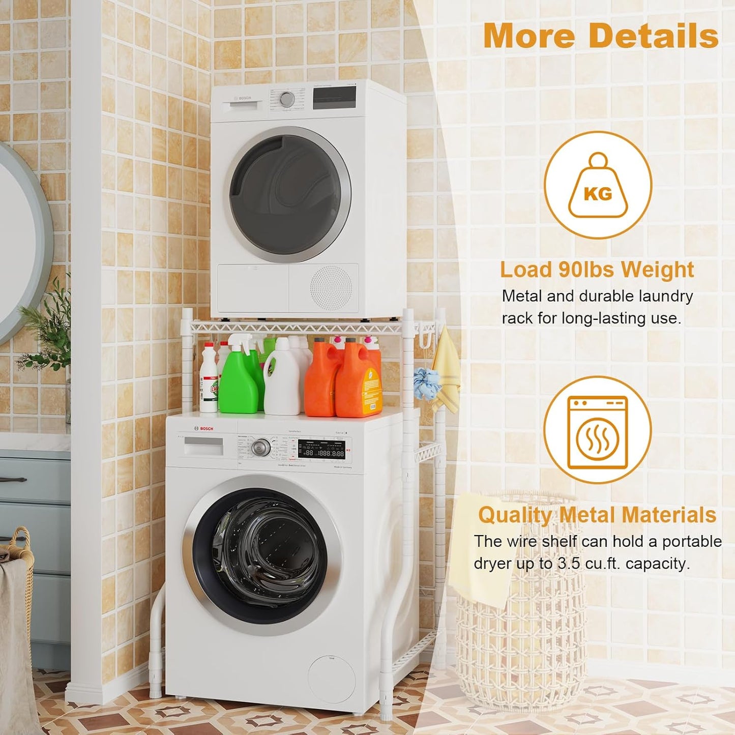 U16 Upgraded Washer Dryer Stacking Rack for Narrow Laundry Room | Metal Over Washer and Dryer Storage Shelves, Laundry Space Saver for Portable Dryer, 29.5"W x 23.6"D x 53.1"H, White