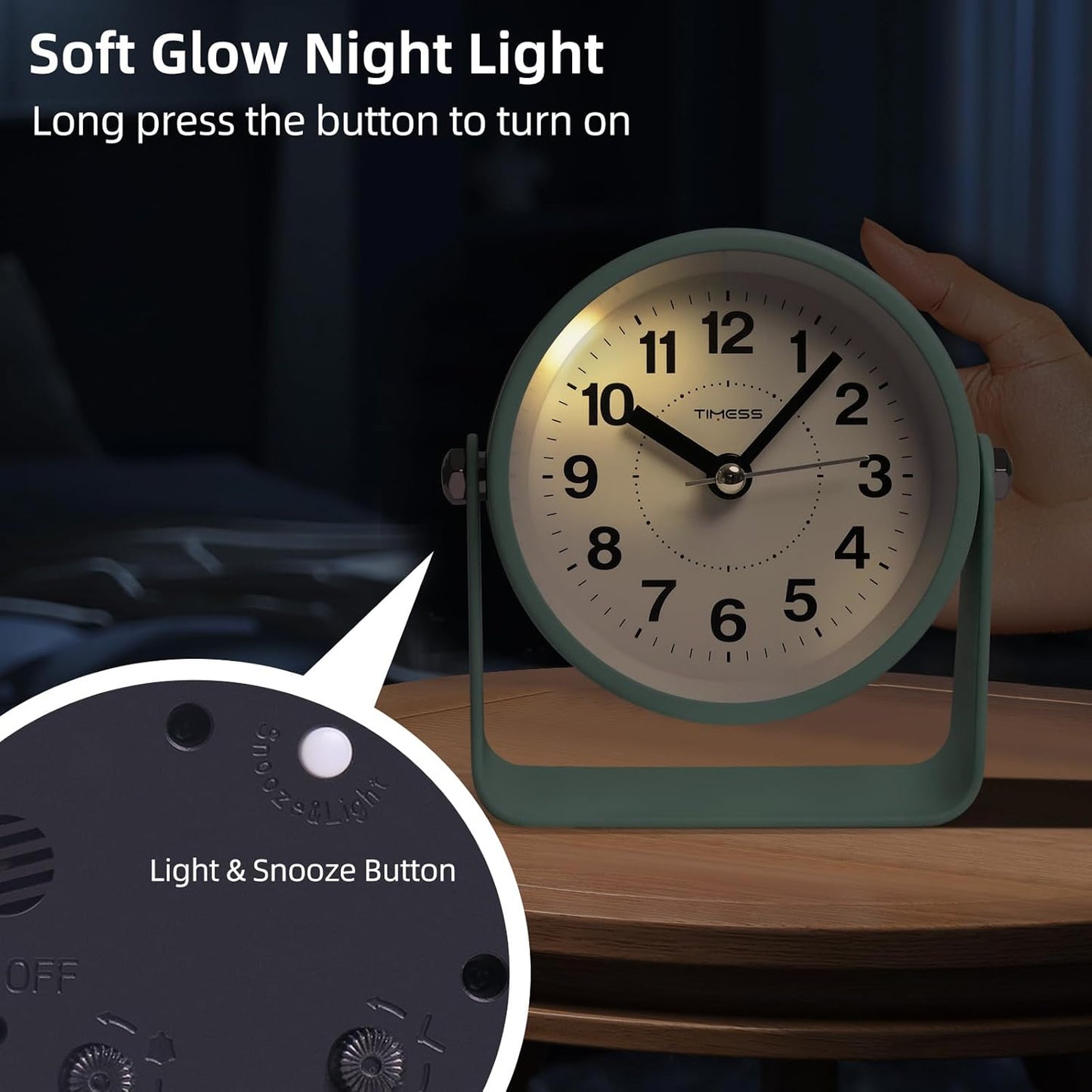 Analog Alarm Clock, Silent Non-Ticking Quartz Movement, Battery-Operated with Snooze & On-Demand Light, Easy to Set Gentle Wake Bedside Desk Clock, Ideal for Home, Travel, Office (Gray)