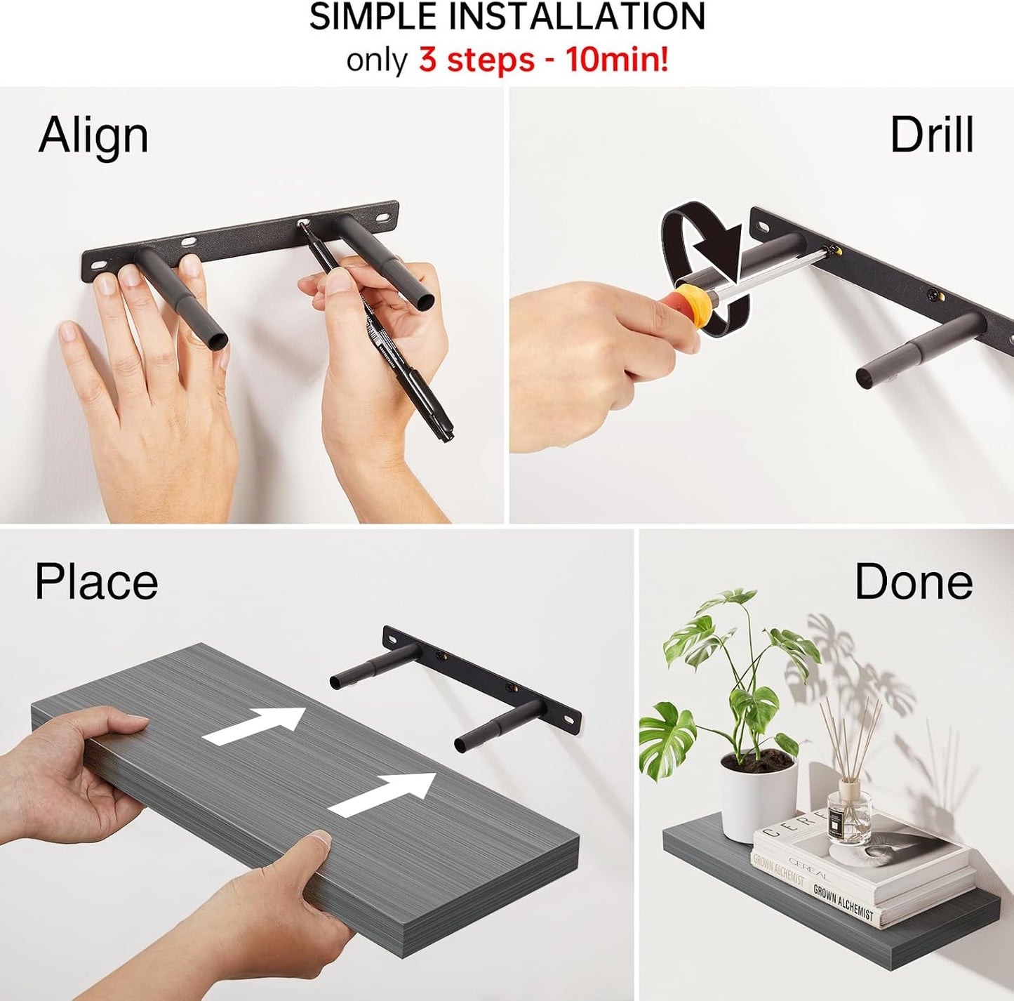 BAYKA Rustic Brown Floating Shelves 22.5in, Set of 2, Wall Mount Wood Shelf | Easy Install, 22lbs Max Load, Hidden Bracket, for Bathroom Bedroom Living Room or Kitchen, Hanging Shelf Book Decor Storage