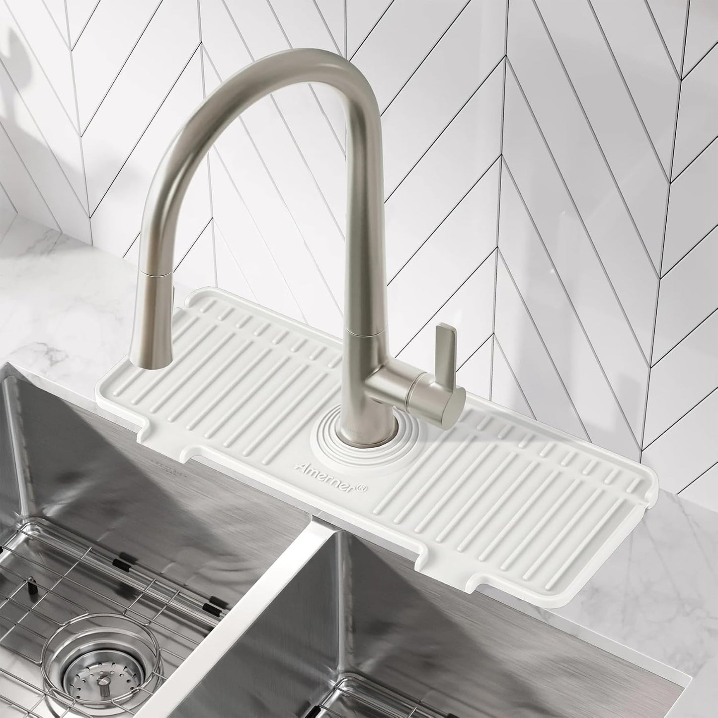 Kitchen Sink Splash Guard, 20IN Longer Silicone Faucet Guard & Draining Mat, Bathroom and Kitchen Sink Organizer, Sink Faucet Mat Water Splash Guard Behind Faucet Accessories Gadget, 20” x 5.5”, White
