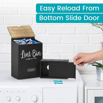 Magnetic Lint Bin and Dryer Sheet Holder Set for Laundry Room Organization | Wall Mounted Laundry Organization and Storage,Wooden Lint Trash Can with Lid and dryer sheet dispenser,Laundry Room Trash Can