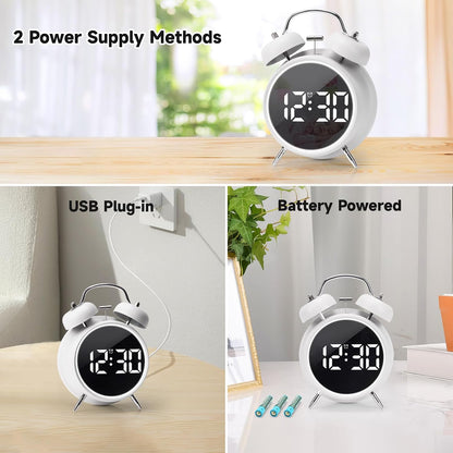 Digital Small Alarm Clock, 4.5 Inch Double Bell Electronic LED Alarm Clock, Plug in or Battery Operated Silent Metal Table Clock, Modern Loud Bedside Clock for Heavy Sleepers Adults Kids (Black)