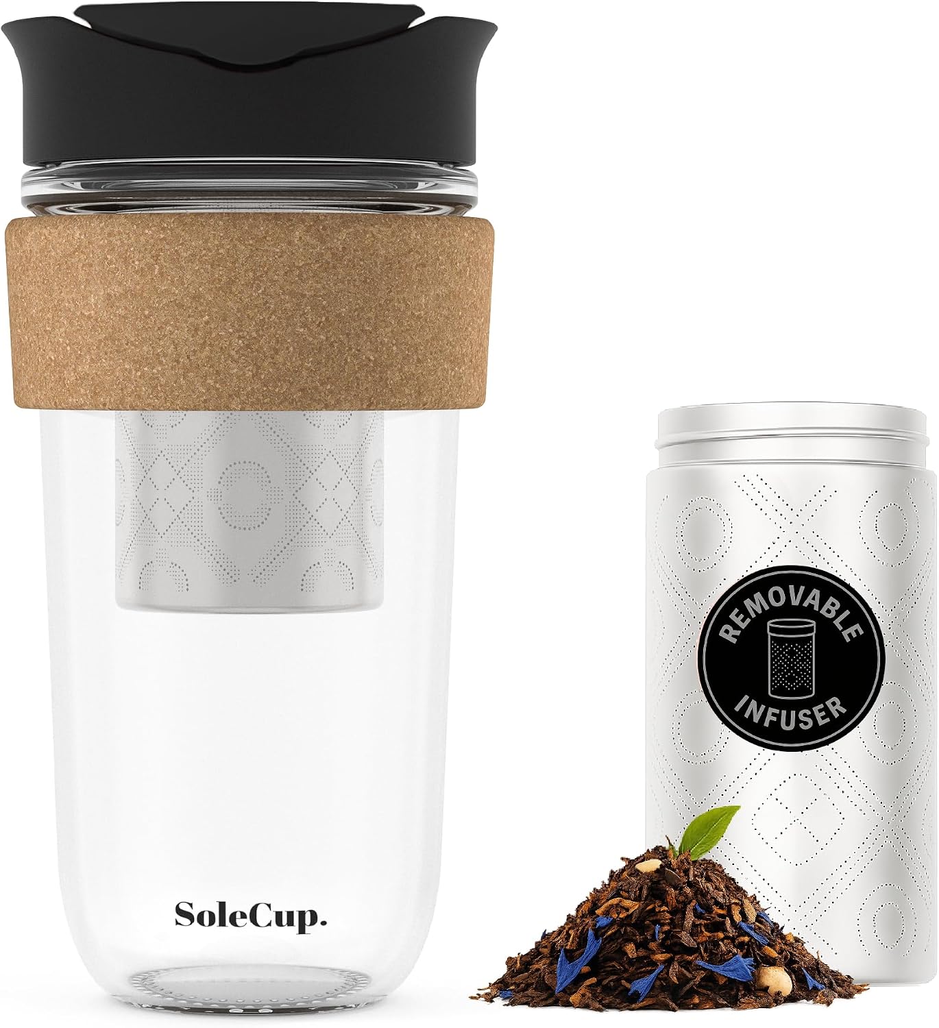 Large Travel Mug Loose Tea Infuser - Detachable Tea Strainer with Spill Proof Lid - 18oz/530ml BPA-Free Reusable Glass Travel Coffee Cup with Cork Band (Pink, 18oz)