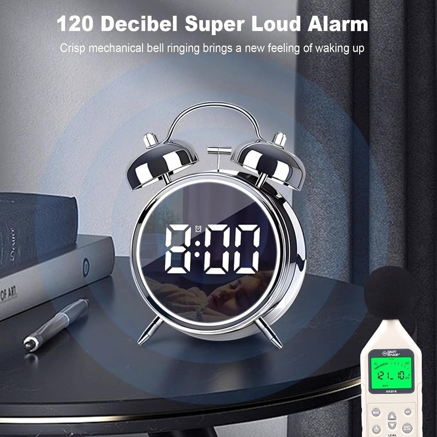 Digital Small Alarm Clock, 4.5 Inch Double Bell Electronic LED Alarm Clock, Plug in or Battery Operated Silent Metal Table Clock, Modern Loud Bedside Clock for Heavy Sleepers Adults Kids (Black)
