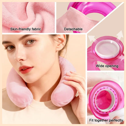 U-Shaped Hot Water Bottle with Fleece Cover 850ML Hot & Cold Water Bag Therapy Heating Pad for Pain Relief Neck Shoulder Hand Warmer Relaxing Protection Blue