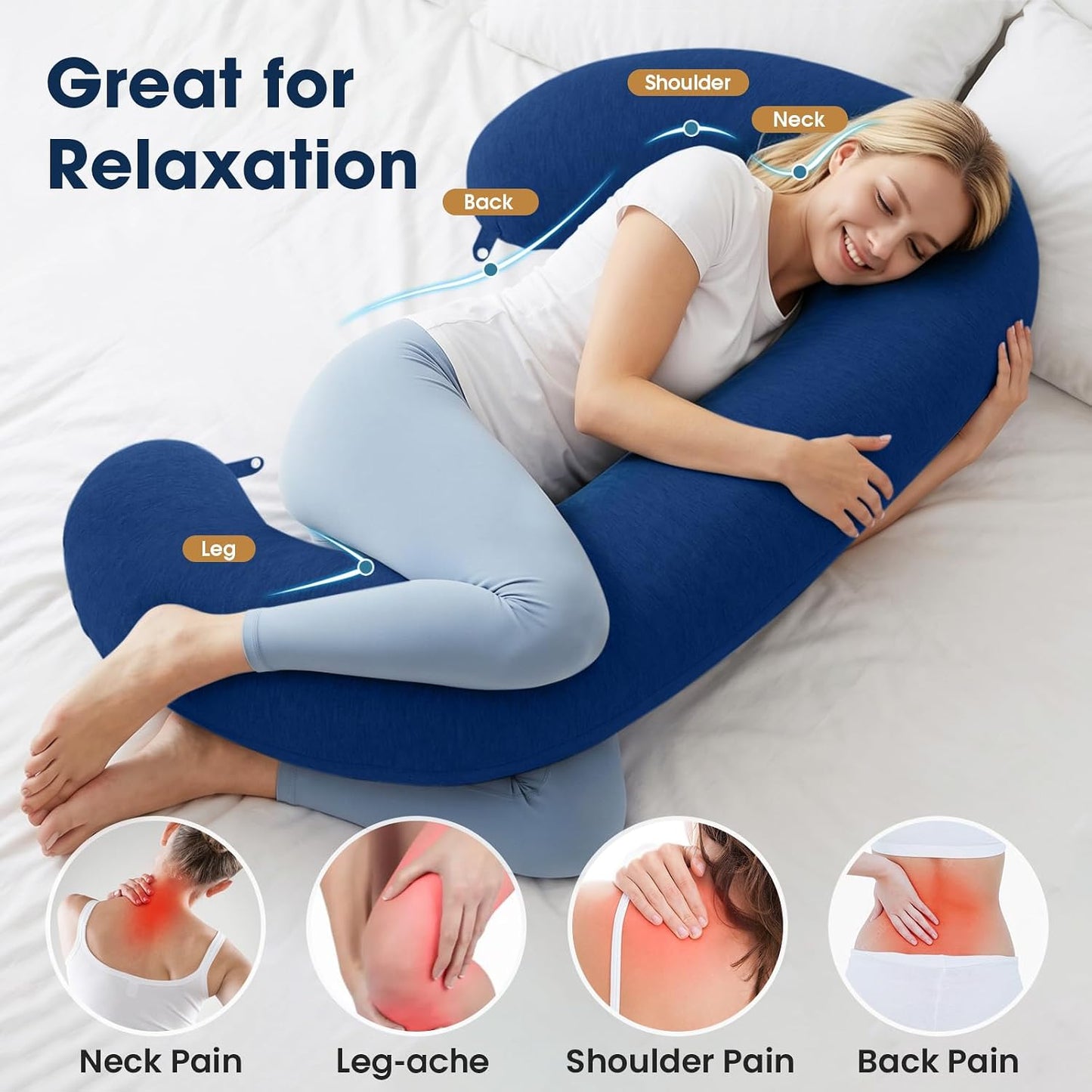 TranquilRelax C Shaped Body Pillow for Side Sleepers, Memory Foam Long Pillow for Leg, Hip & Back Support, Soft Washable Cover,Grey-47"*10"