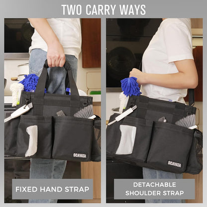 SCAVATA Compact Wearable Cleaning Caddy with Handle & Shoulder Straps | Small Cleaning Supplies Organizer, Under Sink & Car Cleaning Tools Storage Bag for Housekeepers Cleaners, Black
