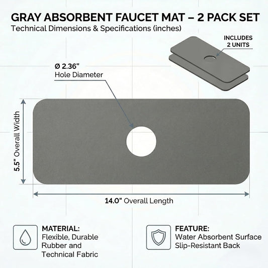 Absorbent Kitchen Sink Faucet Mat: 2PCS 14"Lx5.5"W Small Grey Splash Guard for Compact Sink - Fits Irregular Sink with 2, 3 holes, Soap Dispenser & Air Gap - Cuttable Drip Catcher for Bathroom RV Bar