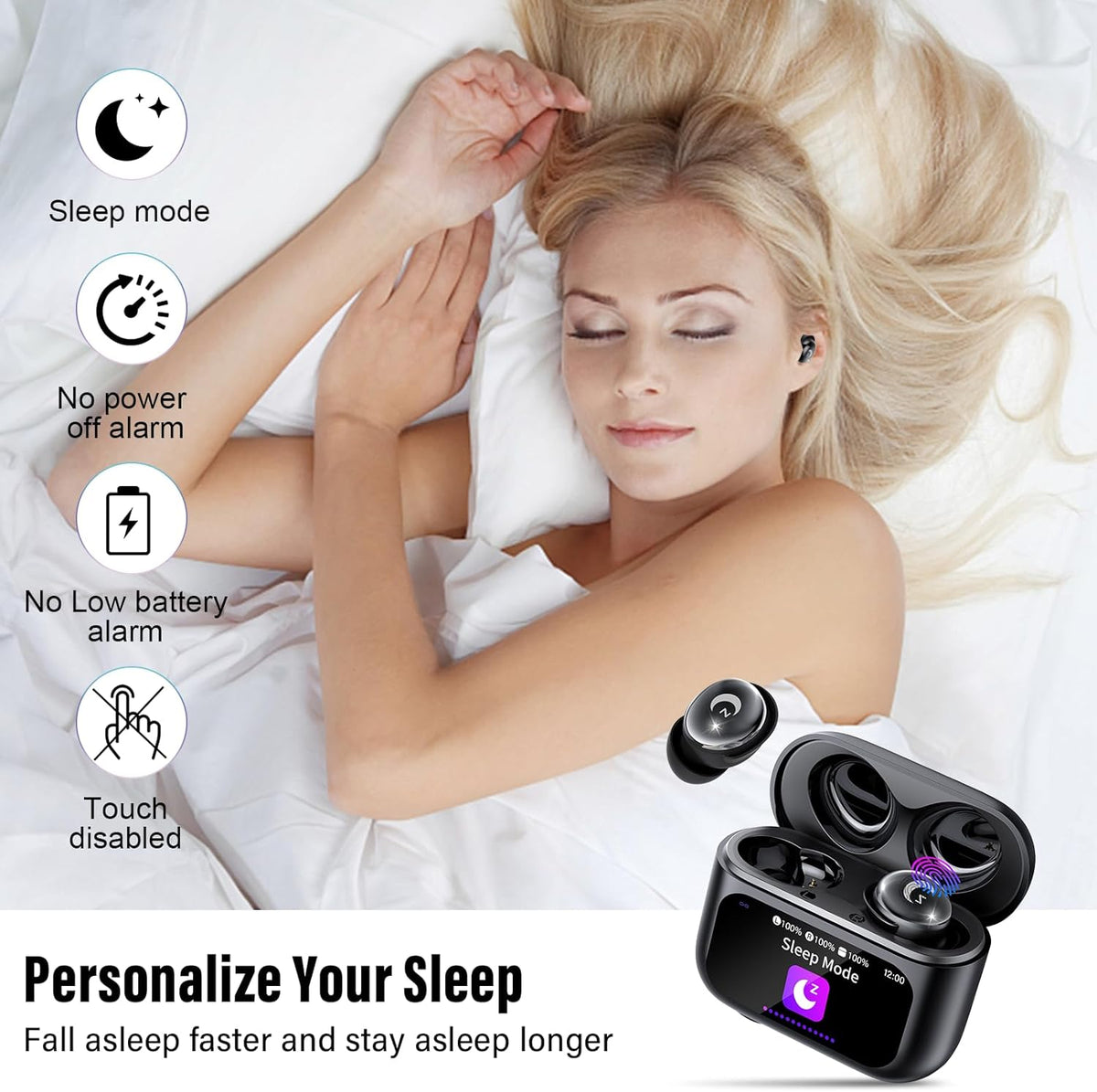 VEKJ Sleep Earbuds Bluetooth 5.4, 48H Smart Touch Screen in Ear Ear Buds, 2025 Mini Sleep Headphones Small Design for Side Sleepers, 5 EQ Modes, Clear Calls, IPX7 Waterproof in Ear Earphones