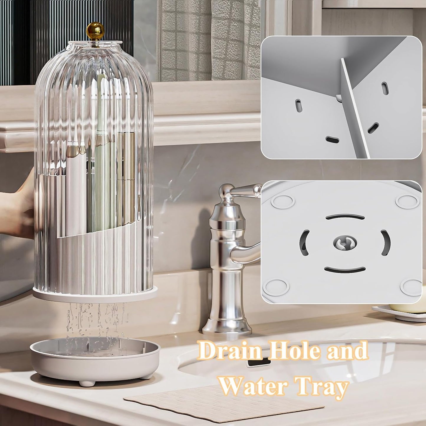 Drainable Toothbrush Toothpaste Holders with Cover, Transparent | Drainage Holes, Waterproof and Dustproof, 360° Rotating Base, Sliding Door, for Bathroom Counter