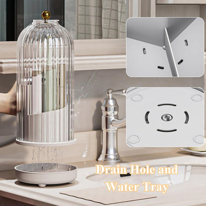 Drainable Toothbrush Toothpaste Holders with Cover, Transparent | Drainage Holes, Waterproof and Dustproof, 360° Rotating Base, Sliding Door, for Bathroom Counter