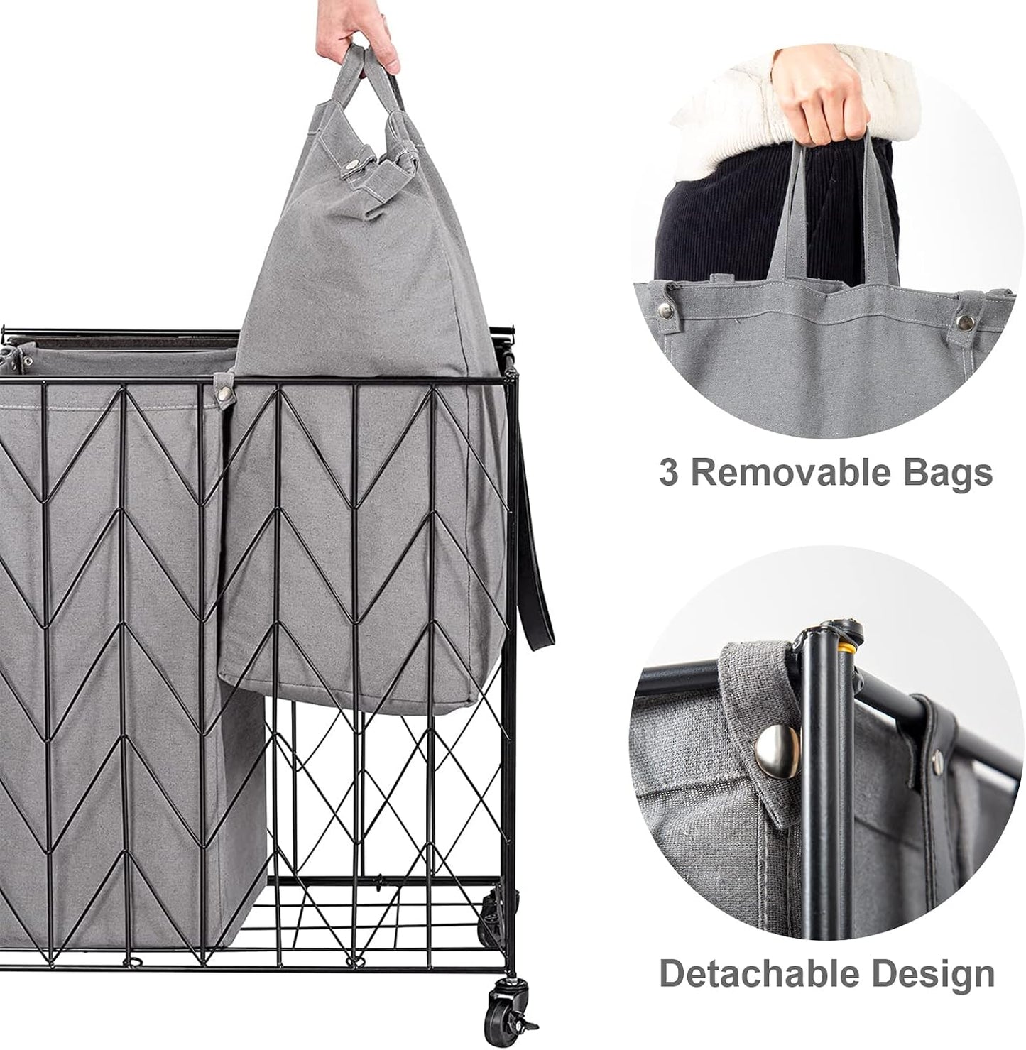 WOWLIVE Laundry Hamper 3 Section with Lid, 142L Laundry Basket with Wheels | Rolling Dirty Clothes Hamper with Removable Bags, Large Iron-Made Laundry Basket Organizer Laundry Sorter for Dorm, Beige