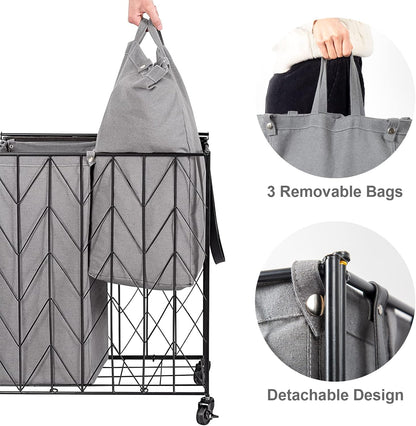 WOWLIVE Laundry Hamper 3 Section with Lid, 142L Laundry Basket with Wheels | Rolling Dirty Clothes Hamper with Removable Bags, Large Iron-Made Laundry Basket Organizer Laundry Sorter for Dorm, Beige