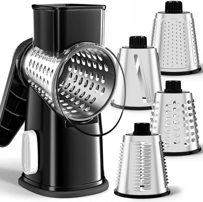 Weltonhm 4 in 1 Large Rotary Cheese Grater Hand Crank (black, 3 Graters) | Cheese Shredder Rotary and Slicer with 4 Stainless Steel Blades for Vegetables, Veggie and Cheese, Stronger Suction Base