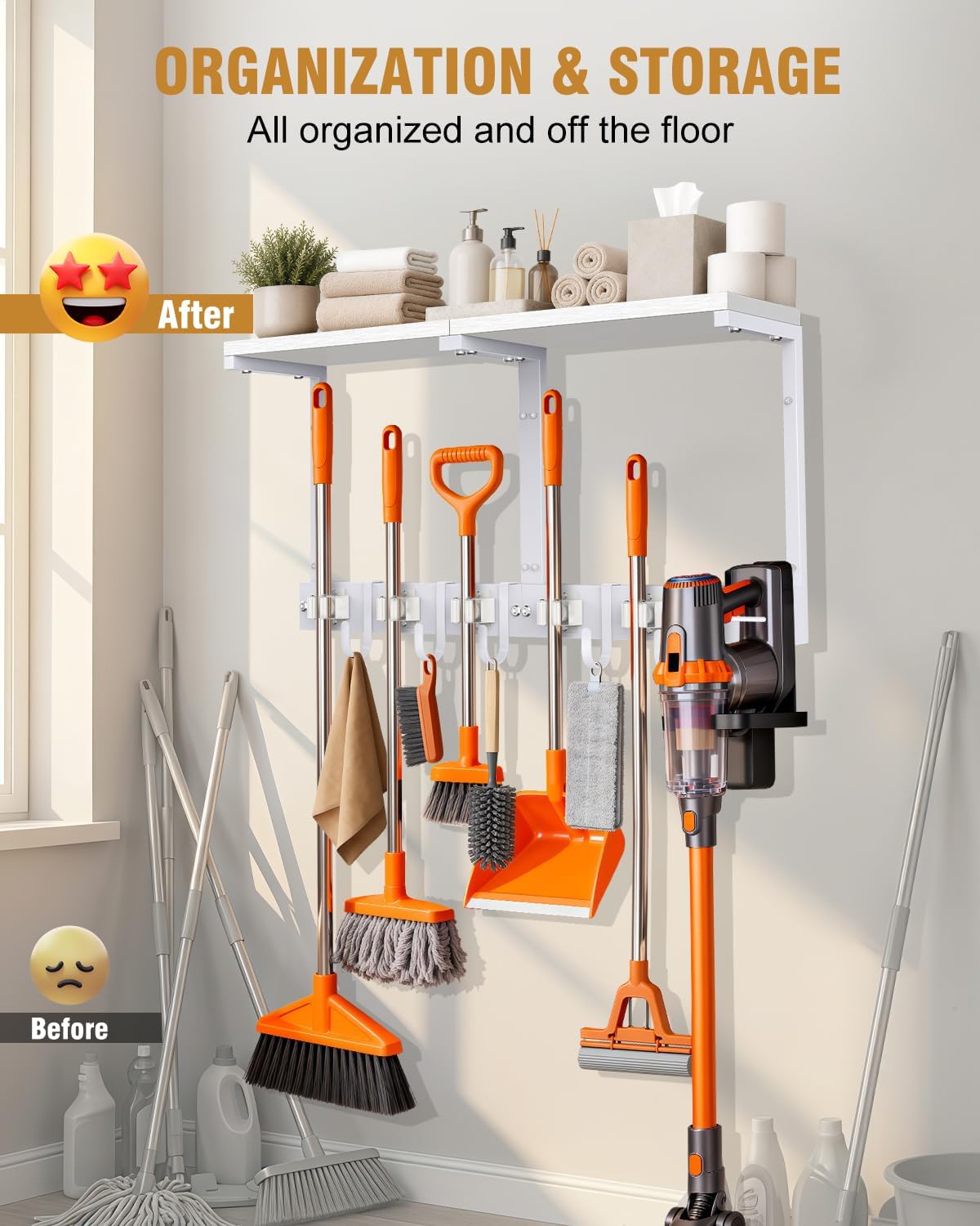 Large Broom Holder Wall Mount with Shelf, Vacuum Organizer, 5 Slots 5 Hooks | Black, 3-In-1 Wall Mount Stores Brooms/Mops/Vacuum, Cleaning Supplies With 5 Grippers/5 Hooks And A Sturdy Wooden Top Shelf