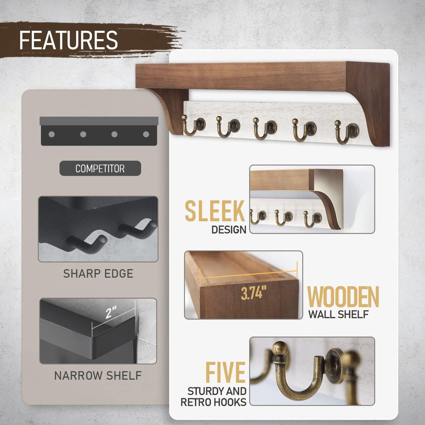 Rebee Vision Key Holder Wall Mount with 5 Hooks for Entryway, Retro Brown | Display Shelf for Plant & Letters, Key Shelf for Hats, Dog Leashes, Mail Organizer, Decorative Entryway & Living Room