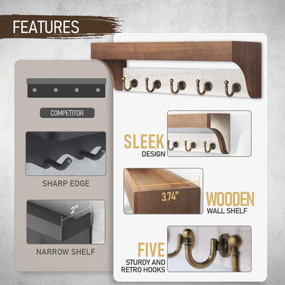 Rebee Vision Key Holder Wall Mount with 5 Hooks for Entryway, Retro Brown | Display Shelf for Plant & Letters, Key Shelf for Hats, Dog Leashes, Mail Organizer, Decorative Entryway & Living Room