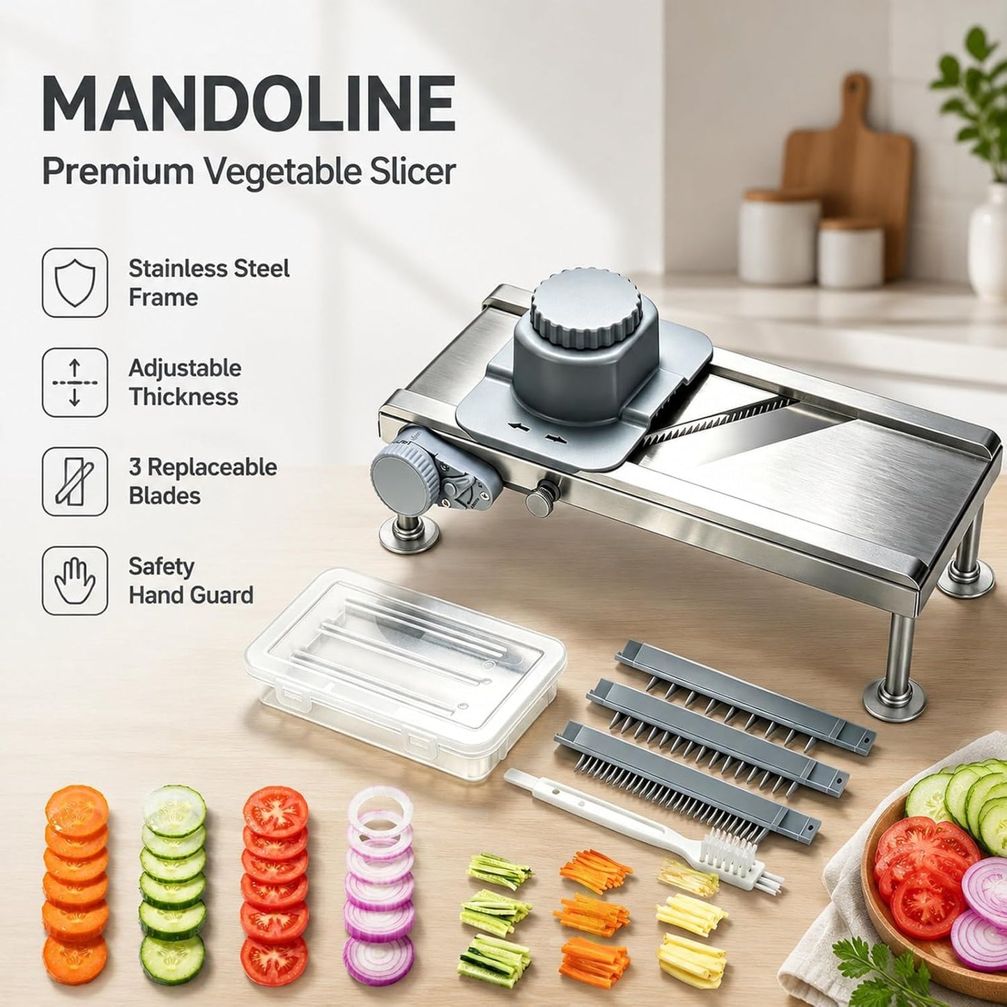 Goldtree Mandoline Slicer Adjustable Vegetable Onion Potato Food Cutter | Stainless steel structure, Precisely adjustable slice thickness, 3 strip-cutting blades, Latest safety hand guard