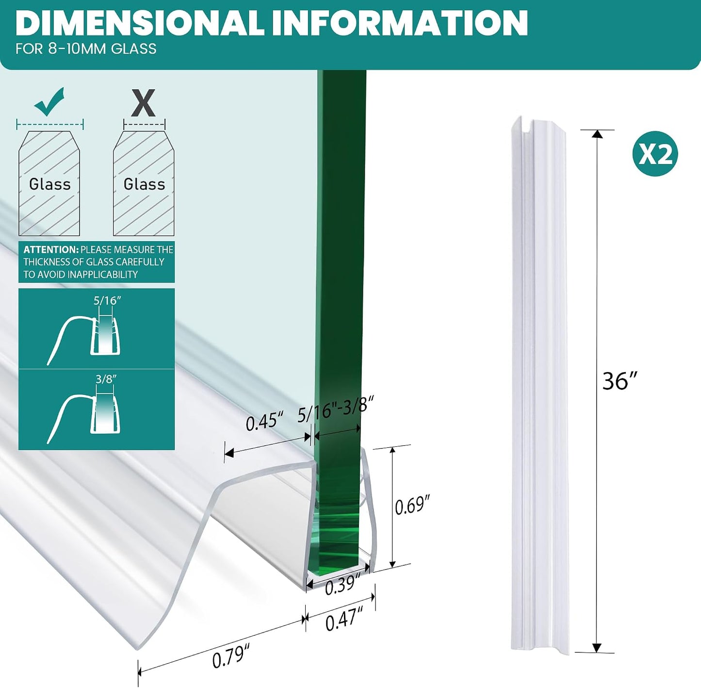 Bathroom Shower Glass Door Bottom Seal Strip, 2PCS 36 Inch Long Clear PVC Seal Strips for 5/16"(8mm) - 3/8"(10mm) Thick Framless Glass Door Panel