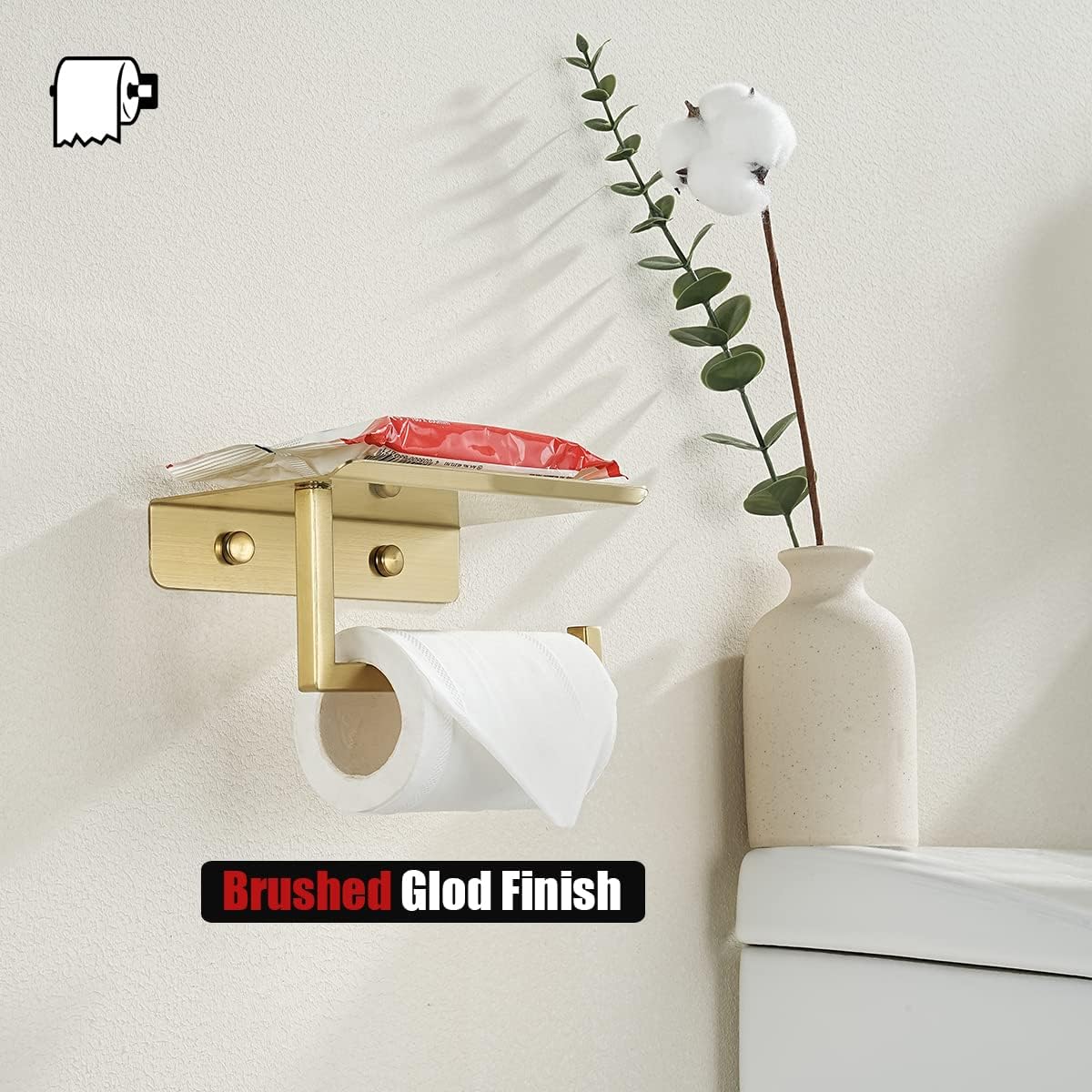 JQK Toilet Paper Holder Shelf, Bathroom Tissue Roll Holder with Phone Shelf, 5 Inch 304 Stainless Steel Tissue Paper Dispenser, Matte Black Wall Mount, TPH202-PB