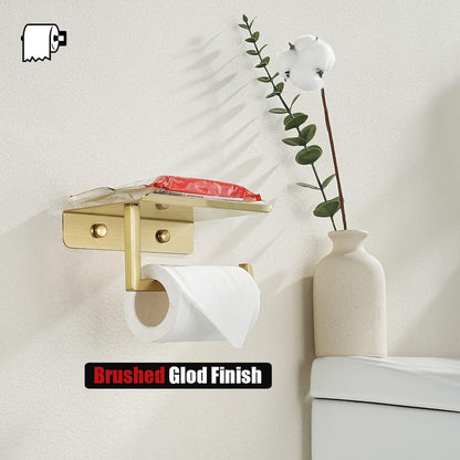 JQK Toilet Paper Holder Shelf, Bathroom Tissue Roll Holder with Phone Shelf, 5 Inch 304 Stainless Steel Tissue Paper Dispenser, Matte Black Wall Mount, TPH202-PB
