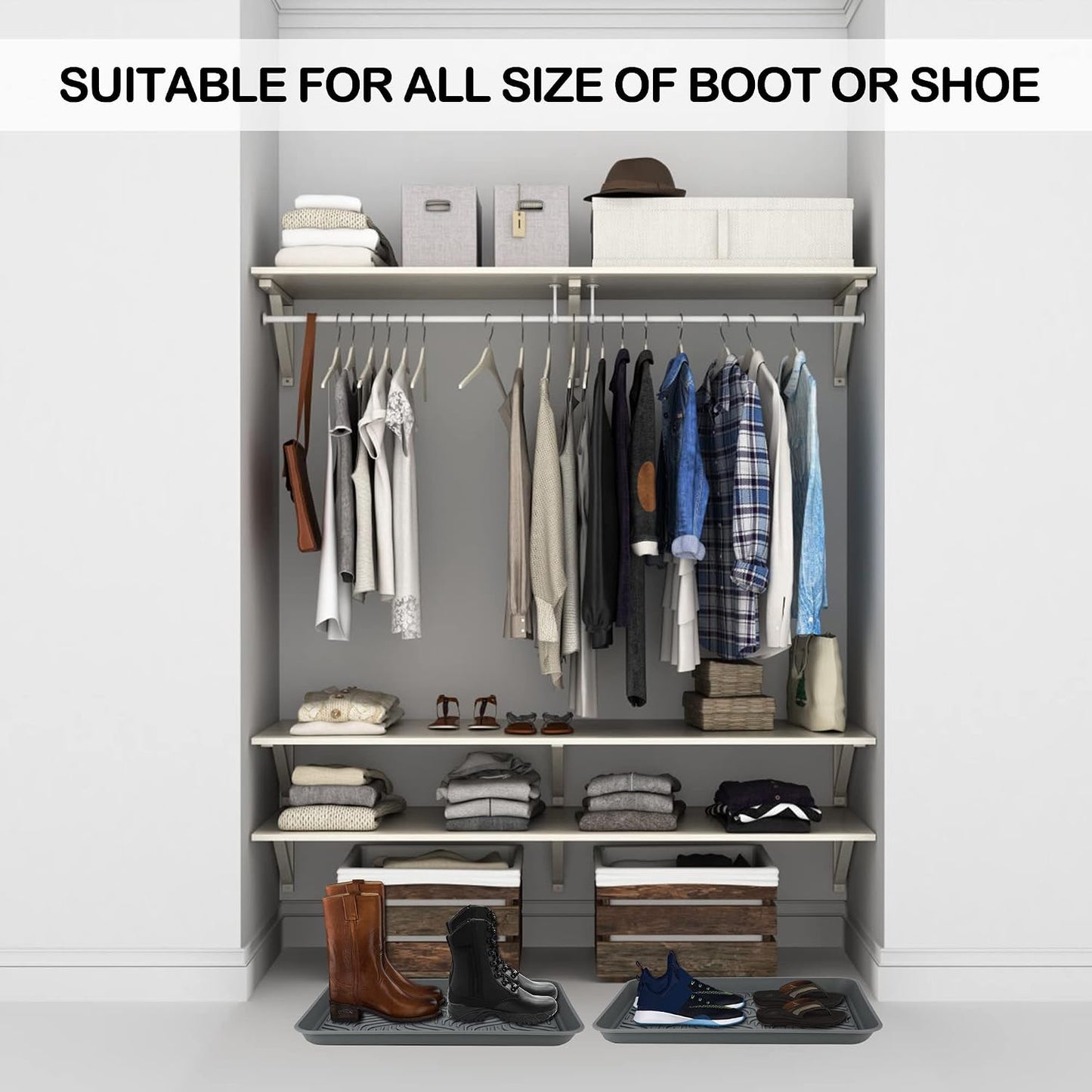 Boot Tray for Entryway Indoor, Heavy Duty Shoe Mat 2 Packs, 16.8"x12.8" Waterproof Shoe Tray with Raised Edge, Outdoor Multi-Purpose Tray for Boots, Garden, Pets (Grey)