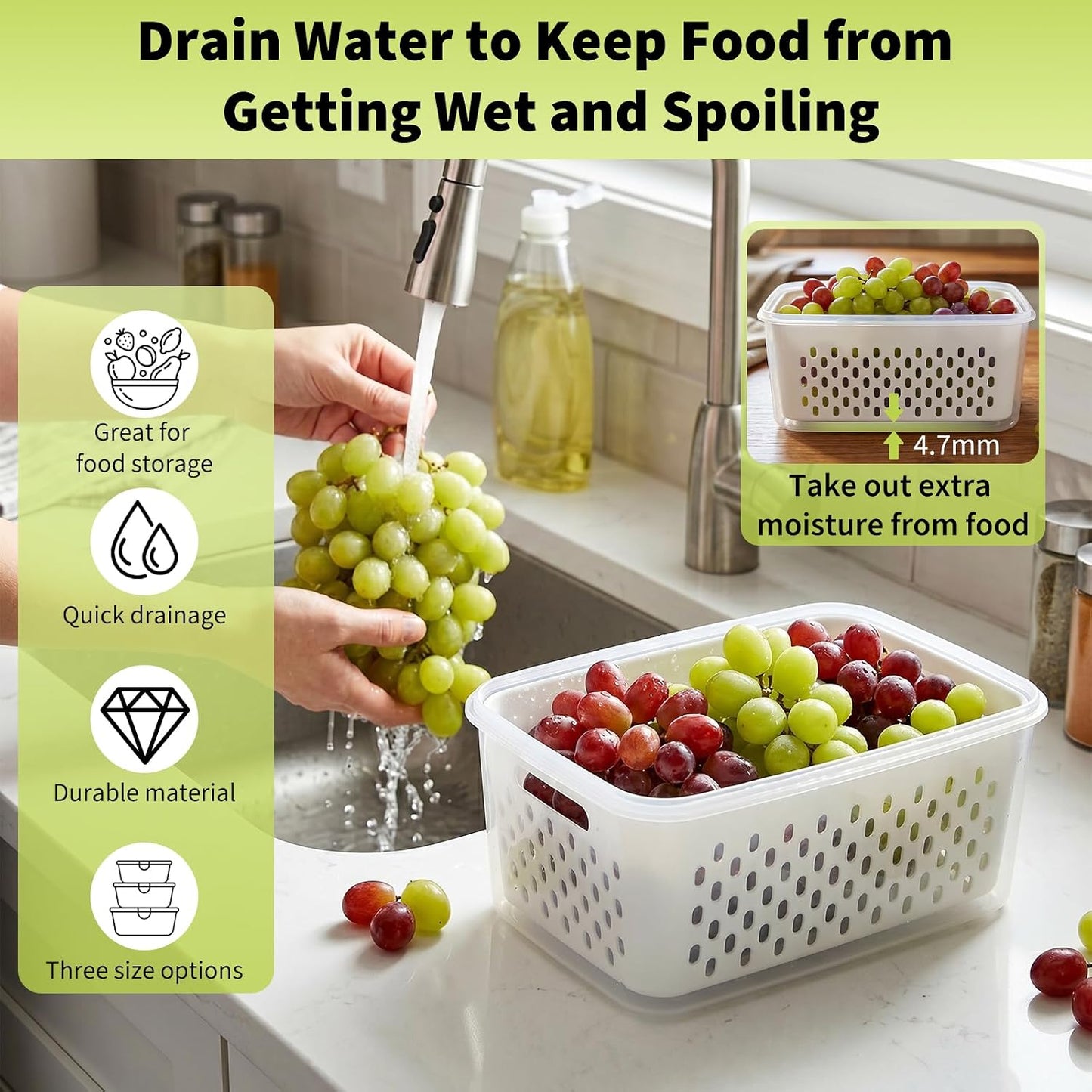 Fruit Storage Containers for Fridge, Grape Organizers with Removable Colander, 3-Pack No-Leak Design, Durable and Easy to Clean, Keeps Grapes Fresh, Perfect for Fridge Storage and Organization