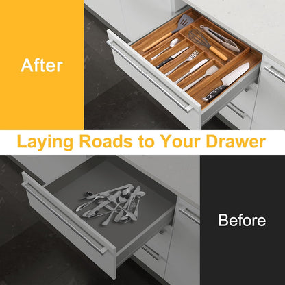Expandable Bamboo Kitchen Drawer Organizer for Cutlery and Utensils, Adjustable Bamboo Wood Cutlery Tray in Drawer for Flatware and Silverware in Kitchen, (Natural)