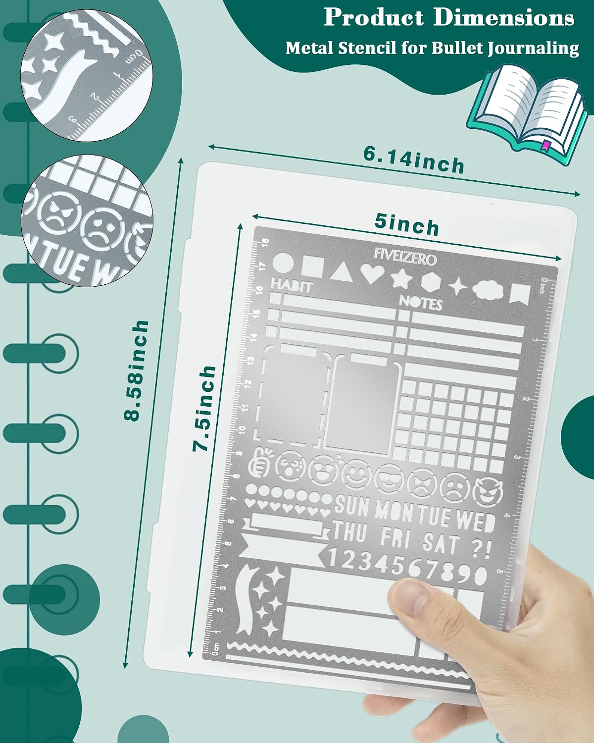 5x7.5 Inch Metal Journal Stencils, Stainless Steel Stencil Bookmark for Bullet Journaling, Reusable Planner Stencils with Faces & Icons for Habit Tracker, Calendar, Diary, Banners, Lists, Scrapbooking