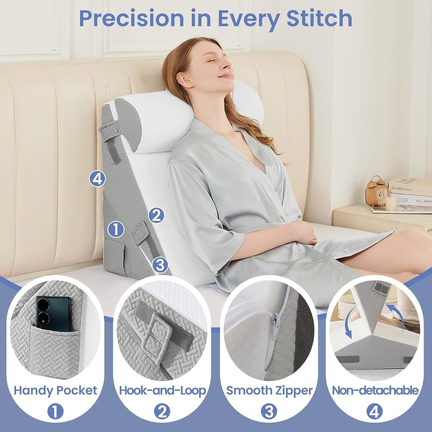 Sasttie Adjustable Wedge Pillow Set for After Surgery, Dark Grey & White | Bed Wedge Pillow Headboard with Memory Foam Neck Cushion, for Acid Reflux, Sleeping, Neck & Back Support