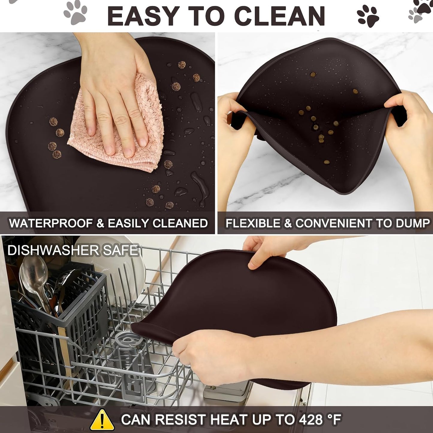 SMILOOL Waterproof Silicone Pet Food Mat with Raised Edge for Dog & Cat | 19" x 12" Non-Slip Pet Feeding Mats with Lip for Food & Water Bowl, Food Grade, Easy Cleaning, Black