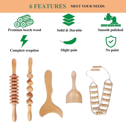 Wood Therapy Massage Tools Professional Maderoterapia Kit Body Sculpting Tools for Lymphatic Drainage and Anti-Cellulite.Wood Massager Roller Rpoe for Back and Muscle Pain Relief (5pcs)