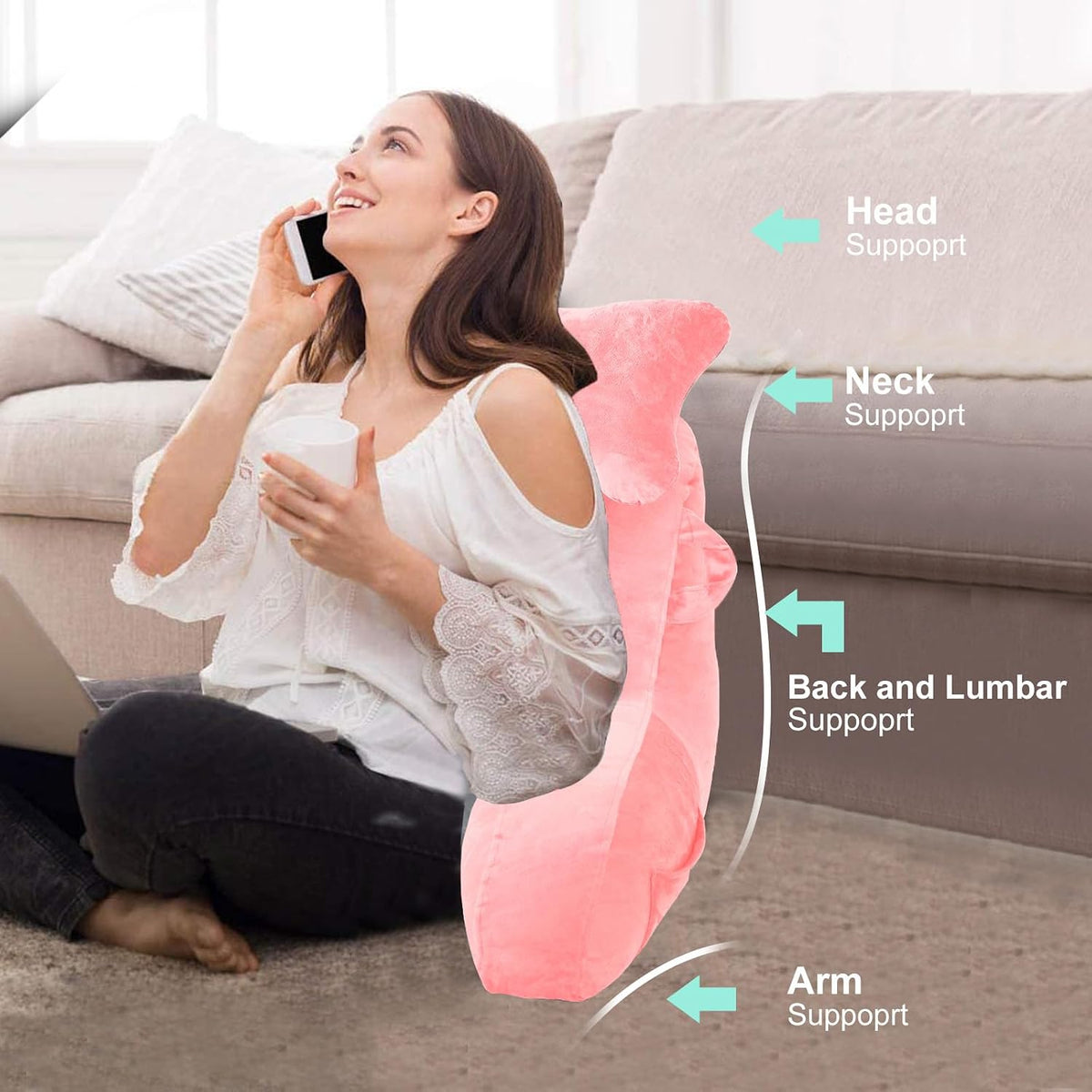SLIGUY Reading Pillow for Sitting in Bed Couch Adult, Back Pillow with arm Support and Pockets, Adult Back Pillow Bed Chair for Bed Rest, Reading, Watching TV, Gaming for Boys and Girls Dark Grey