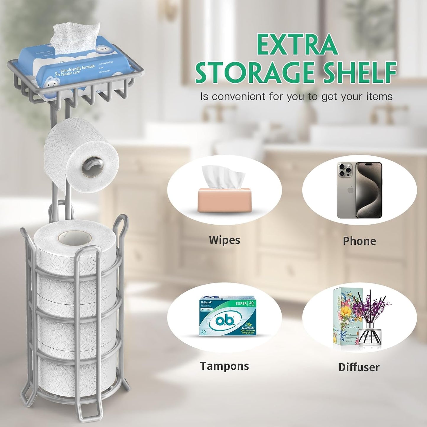 TomCare Toilet Paper Holder Free Standing with Shelf, Stable 4 Raised Feet | Stores 4 Mega Rolls, Tool-Free Assembly, Powder-Coated Metal Frame, Bathroom Storage Organizer for Spare Rolls, Silver