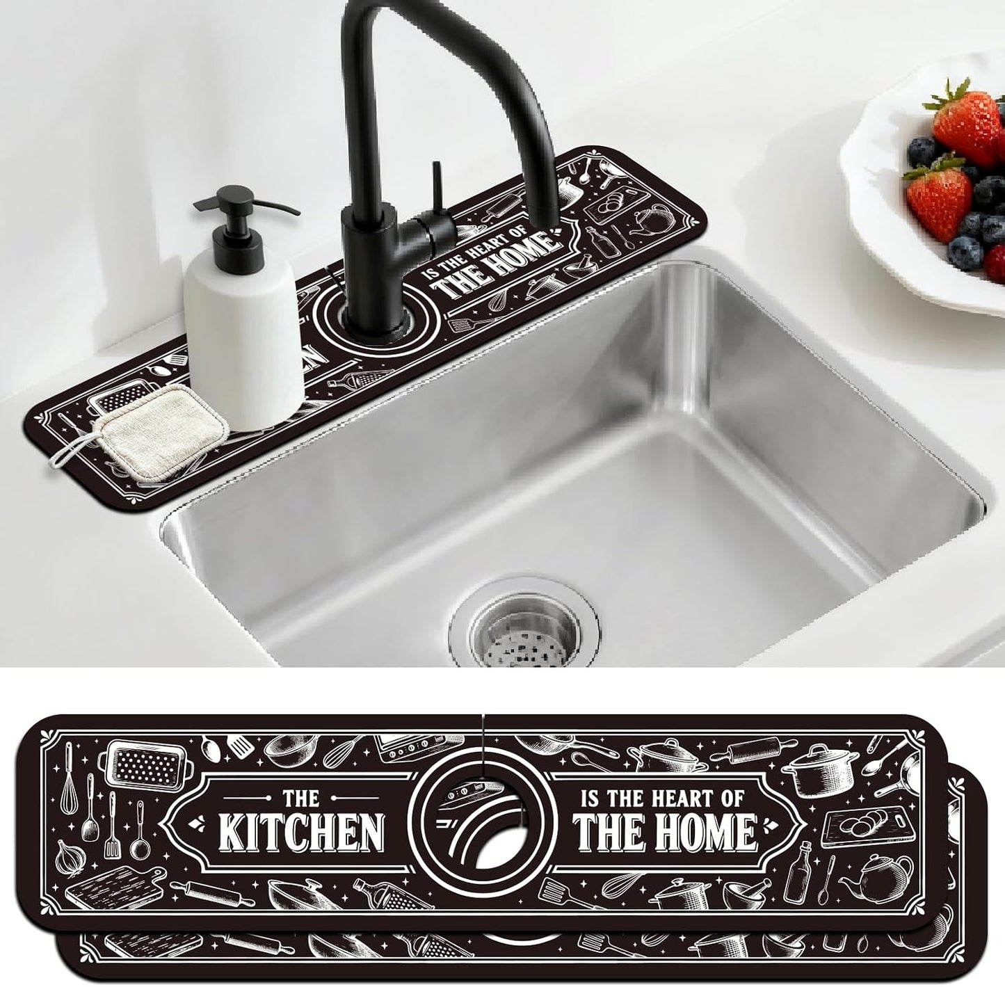2Pcs Peonies Kitchen Sink Splash Guard Faucet Mat Vintage Florals Faucet Mat For Bathroom Kitchen 5.5x23.6In
