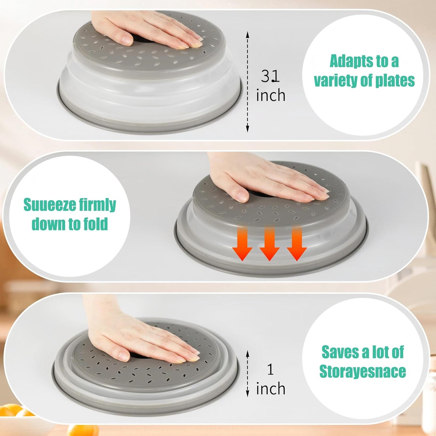 Collapsible Microwave Food Cover, Splatter Guard,Vented Microwave Lid for Food, BPA free TPR, Dishwasher safe，12inch,Grey