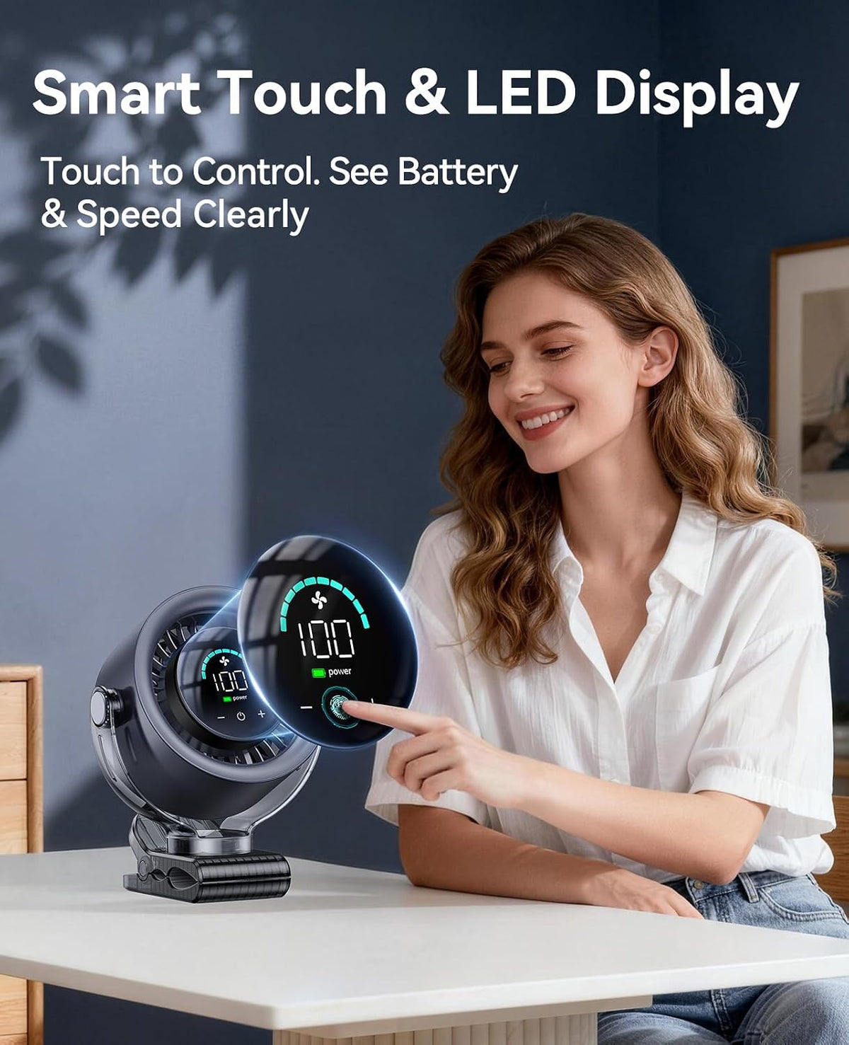 KIMMOO 4000mAh Rechargeable Portable Clip on Fan-100-Speed Touch Control, LED Display, 360° Rotate Quiet Turbo Desk Fan, Small Battery Operated USB Fan for Stroller Bed Travel Camping Golf Gym (White)