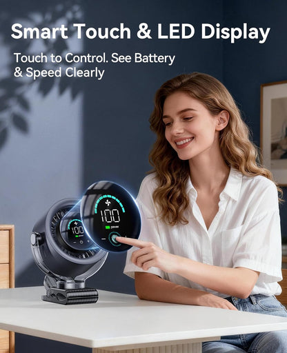KIMMOO 4000mAh Rechargeable Portable Clip on Fan-100-Speed Touch Control, LED Display, 360° Rotate Quiet Turbo Desk Fan, Small Battery Operated USB Fan for Stroller Bed Travel Camping Golf Gym (White)