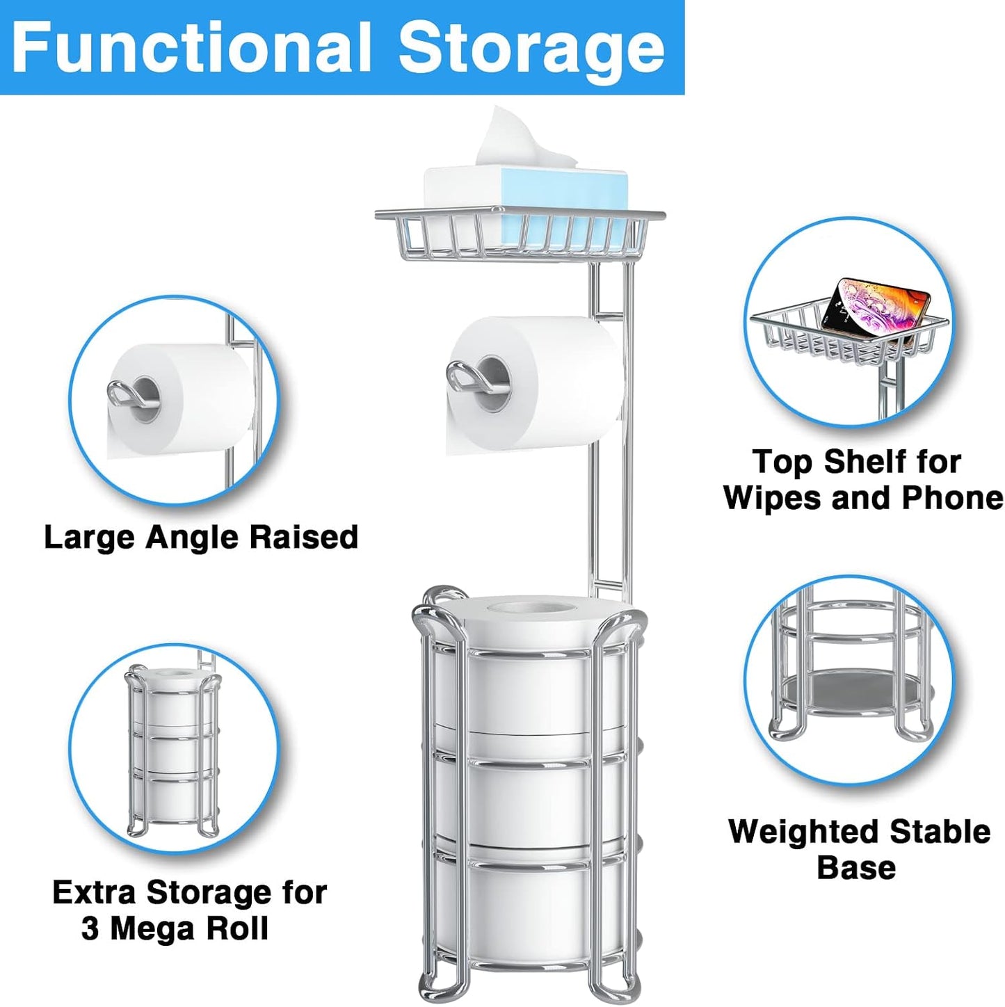 Toilet Paper Holder Stand with Shelf, Free Standing Tissue Roll Storage Rack with Dispenser for Bathroom, Black